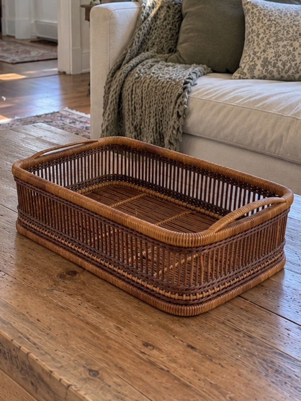Vintage 1970s 70s Wicker Rattan Serving Tray Basket Boho Cottagecore Farmhouse